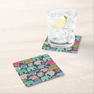 Dessous De Verre Carré Eléphants Colorés, Motif Des Eléphants, Zigzag