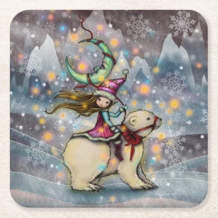 Dessous De Verre Carré Elf Riding Polar Ours Noël Art