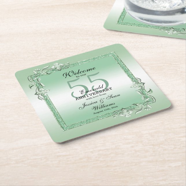 Dessous De Verre Carré Emerald Gem & Parties scintillant 55e Mariage (Incliné)