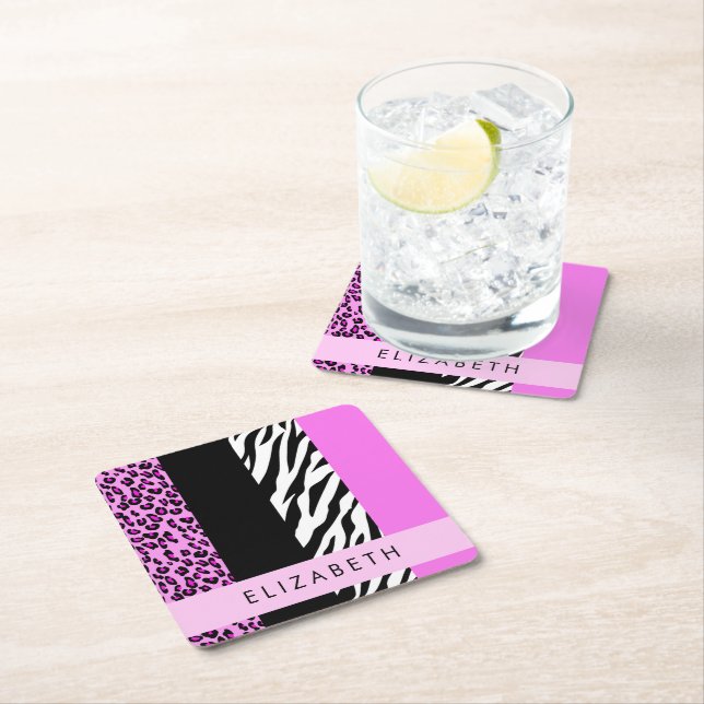Dessous De Verre Carré Empreinte de léopard, Zebra Print, Rose, Votre nom (En situation)