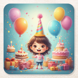 Dessous De Verre Carré Enfant joyeux célébrant son anniversaire avec un g