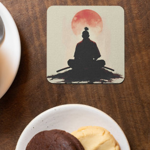 Dessous De Verre Carré Esprit de Guerrier Samouraï Coucher de Soleil Médi