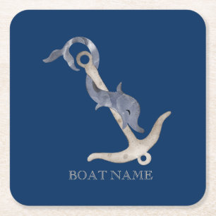 Dessous De Verre Carré Esprit nautique Ancre Dauphin Bleu marine