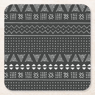 Dessous De Verre Carré Ethnie tribale : motif noir blanc.