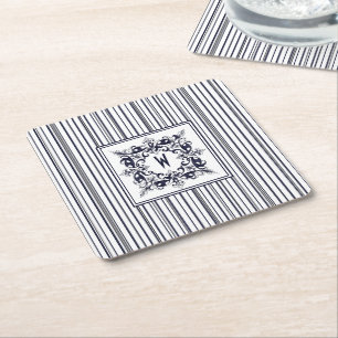 Dessous De Verre Carré Étiquette Vintage et monogramme de la bande bleue