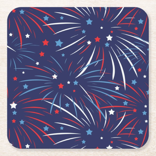 Dessous De Verre Carré Étoiles bleues blanches rouges de feux d'artifice (Devant)