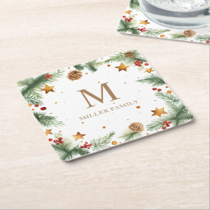 Dessous De Verre Carré Étoiles de verdure hivernale Monogramme de vacance
