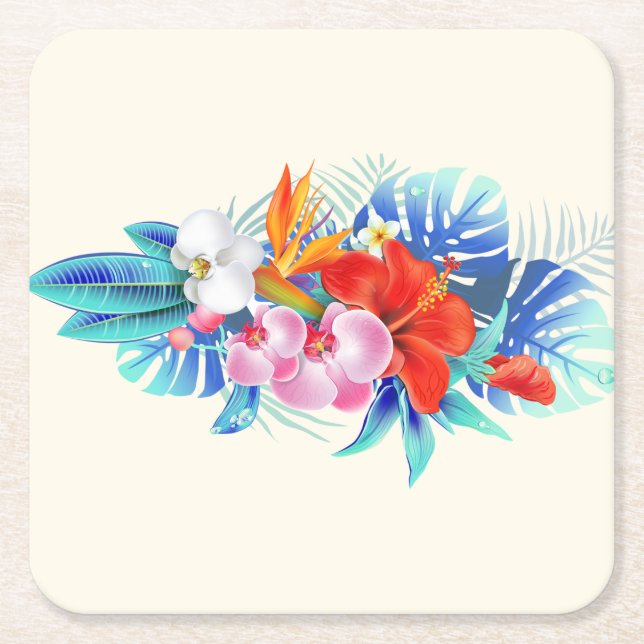Dessous De Verre Carré Exotic Tropical Flowers - Pink & Aquamarines (Devant)