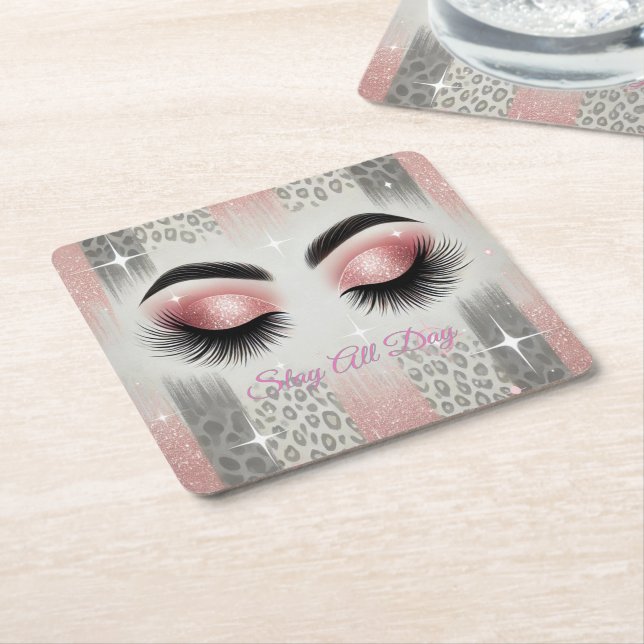 Dessous De Verre Carré Eyelashes de Parties scintillant rose Glam (Incliné)