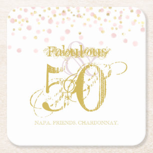 Dessous De Verre Carré Fabuleux & 50 Elégant Anniversaire Gold Pink Tag C