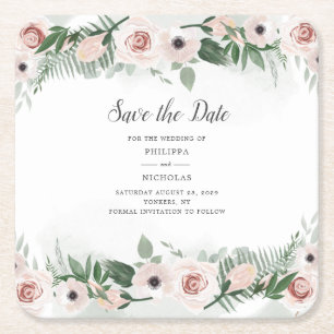 Dessous De Verre Carré Faire-part de date rose floral à la mode aquarelle
