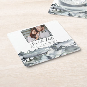 Dessous De Verre Carré Faire part de mariage aquarelle montagne rustique 