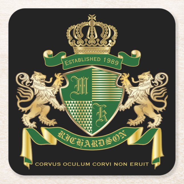 Dessous De Verre Carré Faites votre propre blason Green Gold Lion Emblem (Devant)