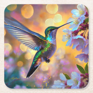 Dessous De Verre Carré Fantaisie de fleurs de cerisier Colibri