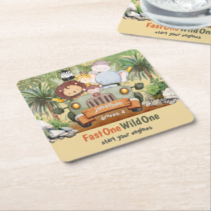 Dessous De Verre Carré Fast One Wild One Safari Animaux Voiture 1er anniv