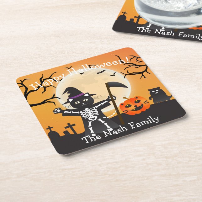 Dessous De Verre Carré Faucheuse Halloween Cat Grim (Incliné)