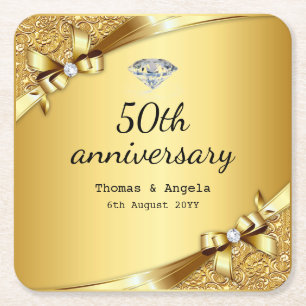Dessous De Verre Carré Faux Diamant d'or métallique 50e Anniversaire Luxe