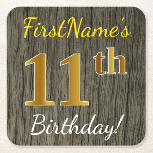 Dessous De Verre Carré Faux Wood, Faux Gold 11e anniversaire + Nom person