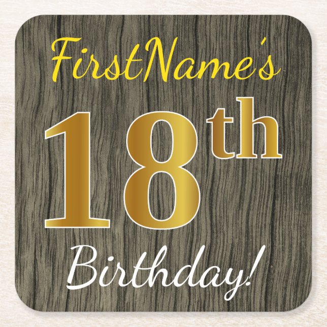 Dessous De Verre Carré Faux Wood, Faux Gold 18e anniversaire + Nom person (Devant)