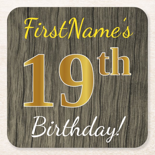 Dessous De Verre Carré Faux Wood, Faux Gold 19e anniversaire + Nom person (Devant)