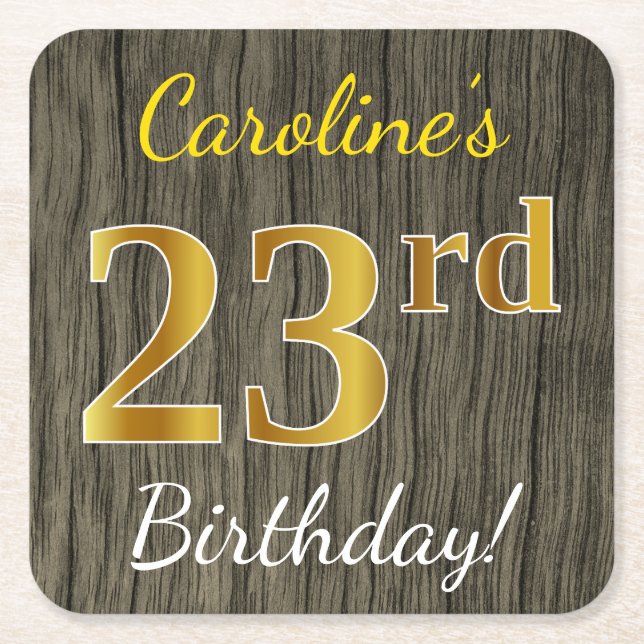 Dessous De Verre Carré Faux Wood, Faux Gold 23e anniversaire + Nom person (Devant)