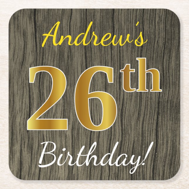Dessous De Verre Carré Faux Wood, Faux Gold 26e anniversaire + Nom person (Devant)
