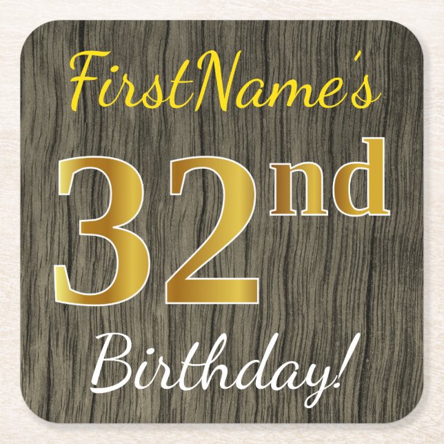 Dessous De Verre Carré Faux Wood, Faux Gold 32e anniversaire + Nom person (Devant)