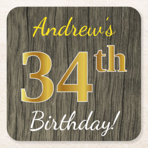 Dessous De Verre Carré Faux Wood, Faux Gold 34e anniversaire + Nom person