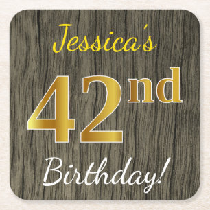 Dessous De Verre Carré Faux Wood, Faux Gold 42e anniversaire + Nom person
