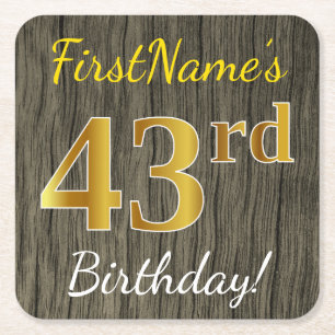 Dessous De Verre Carré Faux Wood, Faux Gold 43e anniversaire + Nom person