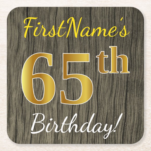 Dessous De Verre Carré Faux Wood, Faux Gold 65e anniversaire + Nom person (Devant)