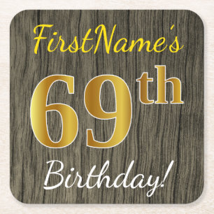 Dessous De Verre Carré Faux Wood, Faux Gold 69e anniversaire + Nom person