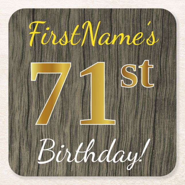 Dessous De Verre Carré Faux Wood, Faux Gold 71e anniversaire + Nom person (Devant)