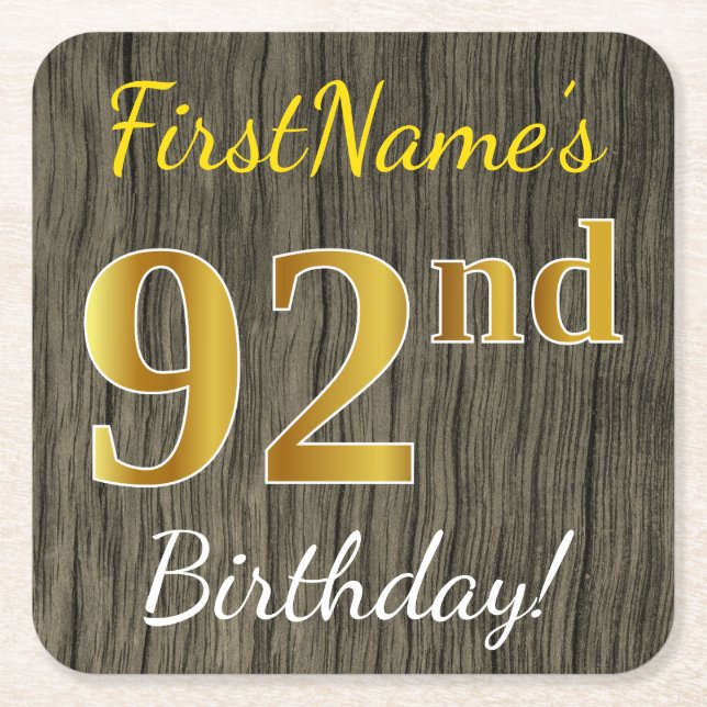 Dessous De Verre Carré Faux Wood, Faux Gold 92e anniversaire + Nom person (Devant)