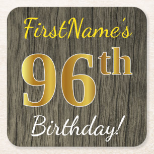 Dessous De Verre Carré Faux Wood, Faux Gold 96e anniversaire + Nom person