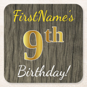 Dessous De Verre Carré Faux Wood, Faux Gold 9e Anniversaire + Nom personn