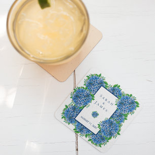 Dessous De Verre Carré Faveur de mariage à l'aquarelle Hortensias bleus