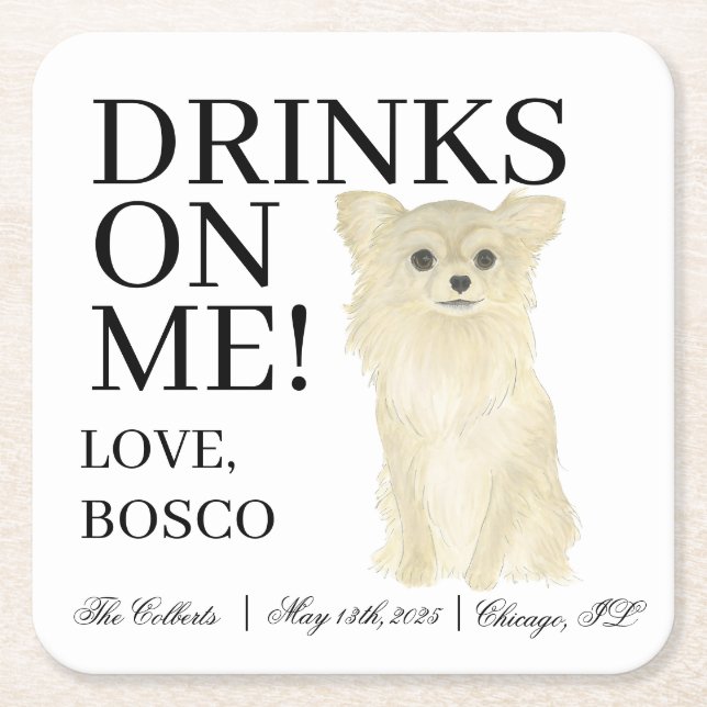 Dessous De Verre Carré Fawn Tan Long Haired Chihuahua Mariage (Devant)