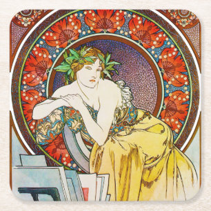 Dessous De Verre Carré Femme avec du pavot, Mucha