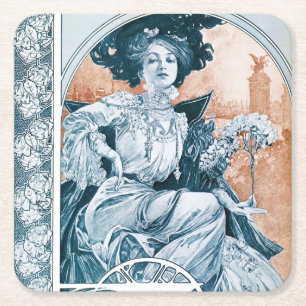 Dessous De Verre Carré Femme avec Rose, Mucha