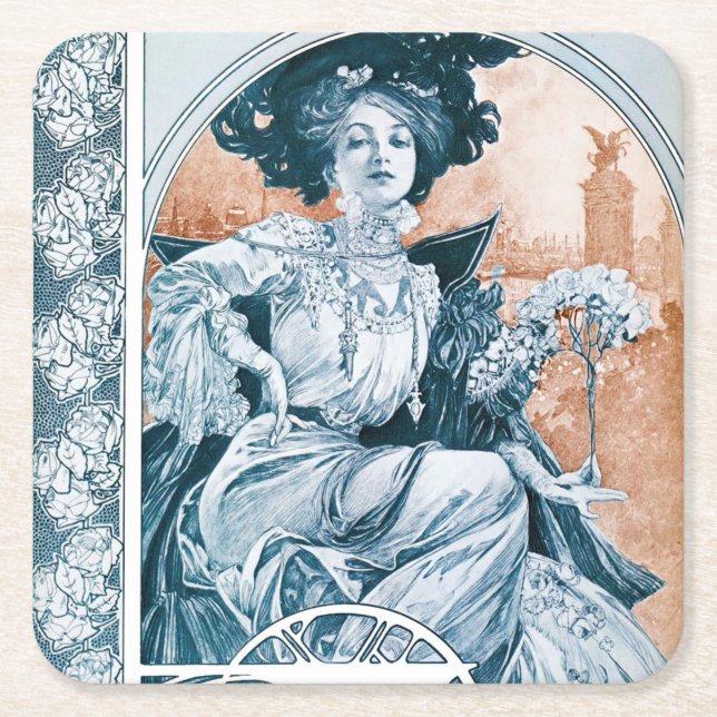 Dessous De Verre Carré Femme avec Rose, Mucha (Devant)