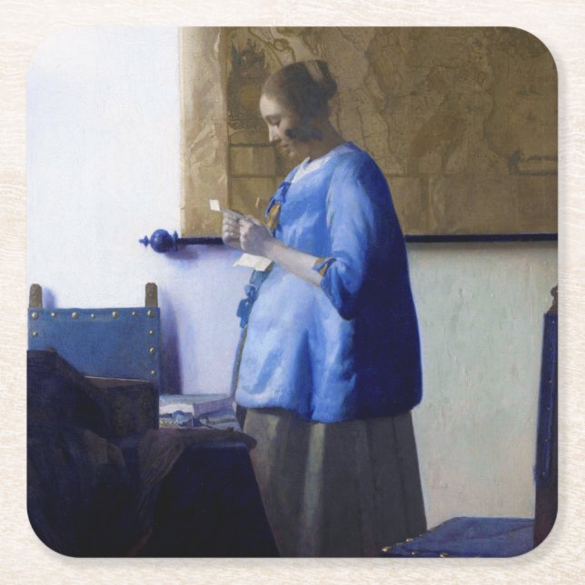Dessous De Verre Carré Femme en bleu, Johannes Vermeer (Devant)