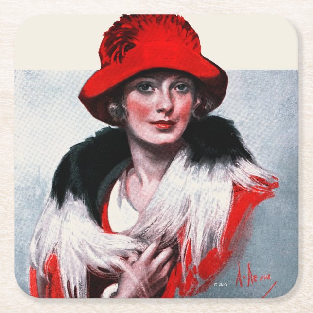 Dessous De Verre Carré Femme en Casquette rouge (Devant)