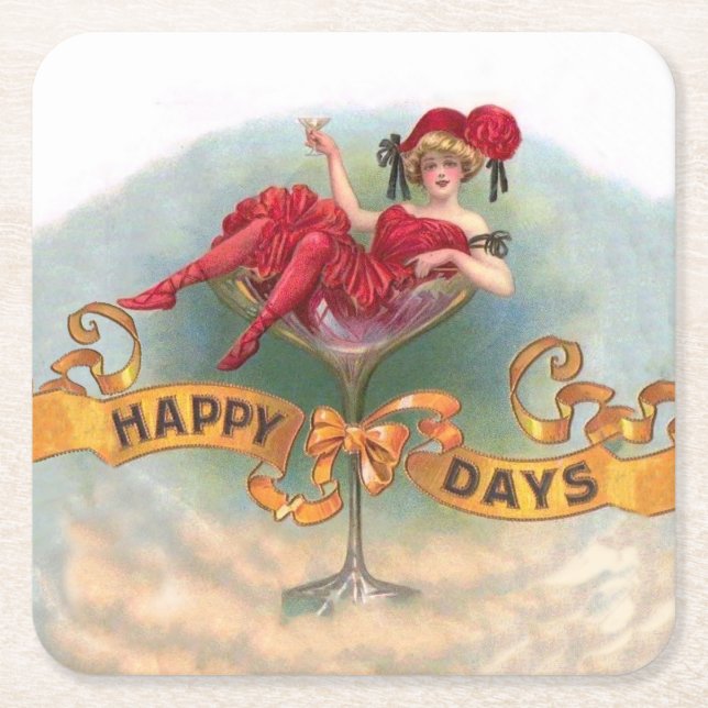 Dessous De Verre Carré Femme victorienne Champagne rouge heureuse (Devant)