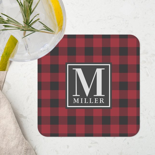 Dessous De Verre Carré Ferme Red Buffalo Check Nom de famille Monogramme (Créateur téléchargé)