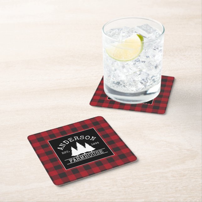 Dessous De Verre Carré Ferme Red Buffalo Plaid Nom de famille (En situation)
