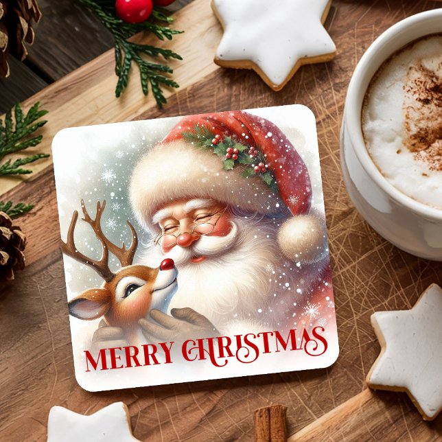 Dessous De Verre Carré Festive Christmas Paper Coaster Santa Claus Rudolp (Festive Christmas Paper Coasters Santa Claus Rudolph)