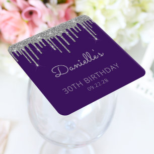Dessous De Verre Carré Fête d'anniversaire 30 ans Purple Silver Glitter D