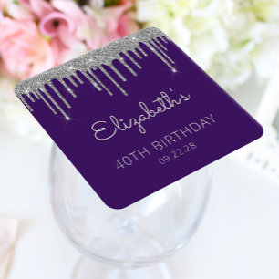 Dessous De Verre Carré Fête d'anniversaire 40 ans Purple Silver Glitter D