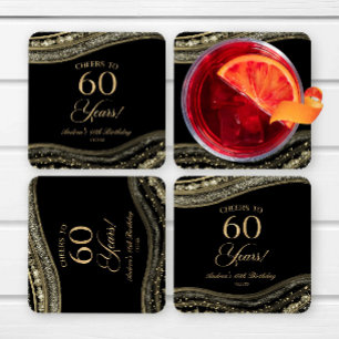 Dessous De Verre Carré Fête d'anniversaire 60 ans élégante en agate noire
